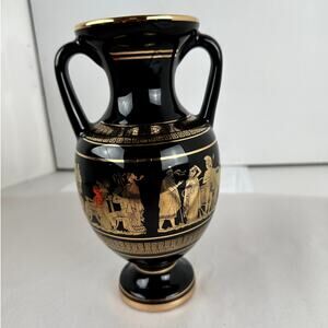 Vase Greek Characters Design Black 24K Gold Double Handle Hand Painted